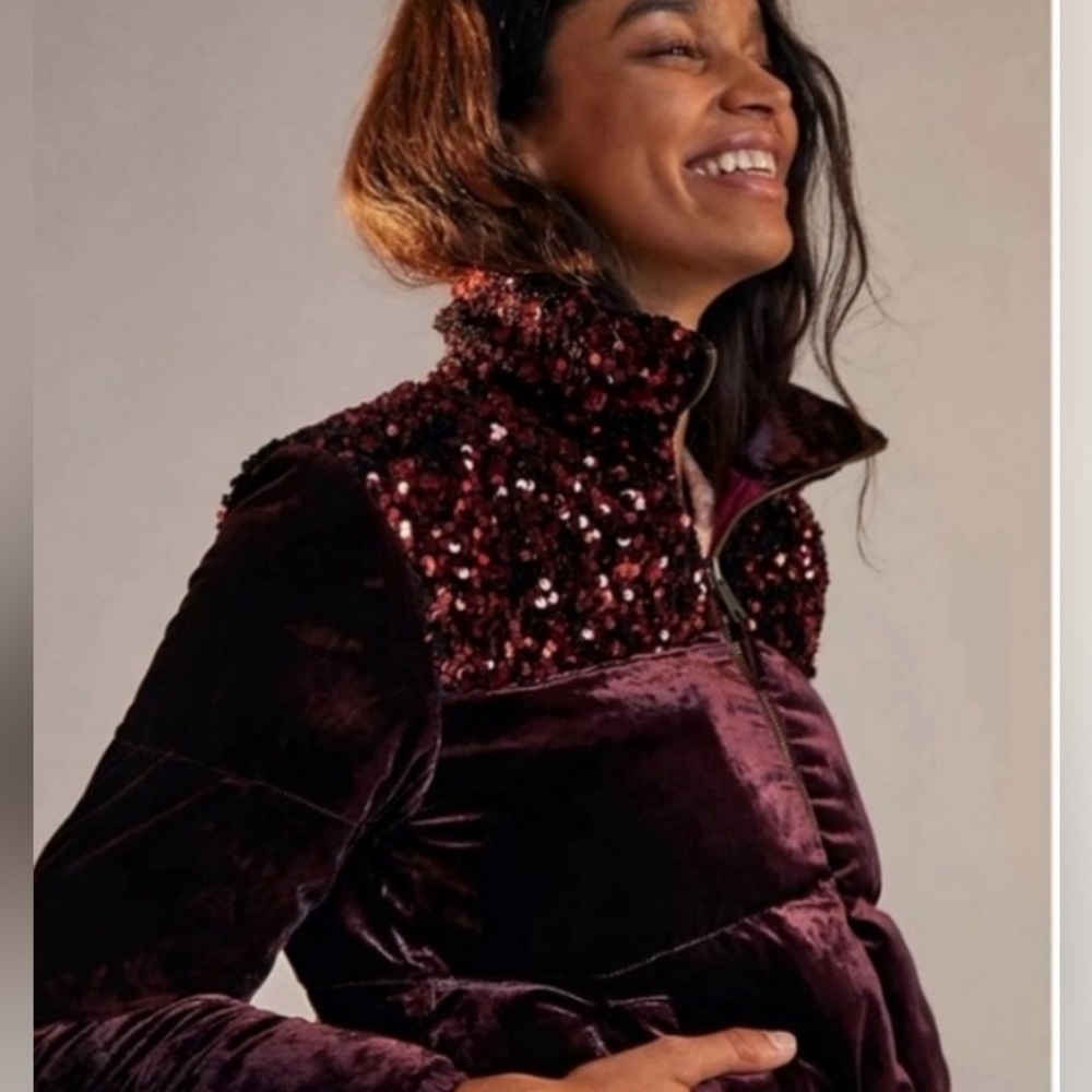 Anthropologie Vera Sequined Velvet Puffer Jacket Shimmery